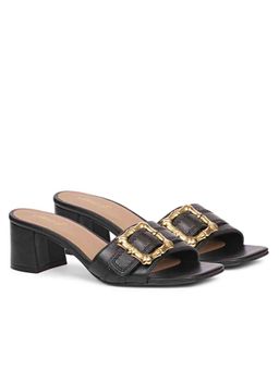 Saint G - Flavia Gold Square Buckle Leather Black Block Heels