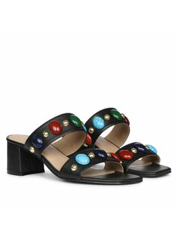Saint G - Multi Stone Jewelled Black Leather Block Heels