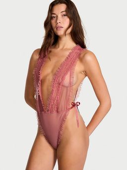 Victoria's Secret - Women Pink Lace Sheer High-Leg Teddy Babydoll