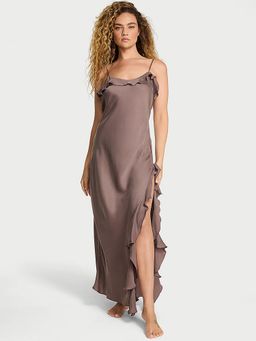 Victoria's Secret - Women Brown Silky Flutter Ruffled Long Slip Nightdress