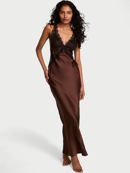 Victoria's Secret - Women Brown Rose Lace Long Slip Nightdress (XS)