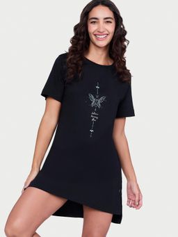 Enamor - Women Black Typography Nightdress