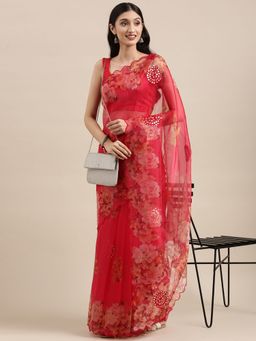 Vastranand - Red Organza Party Wear Saree With Multi Colour Aari Work Butta with Unstitched Blouse