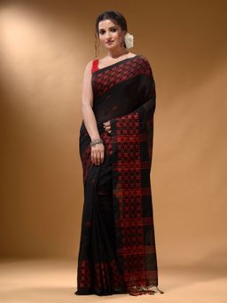 Arhi - Black Cotton Handspun Soft Geometric Border Saree with Unstitched Blouse