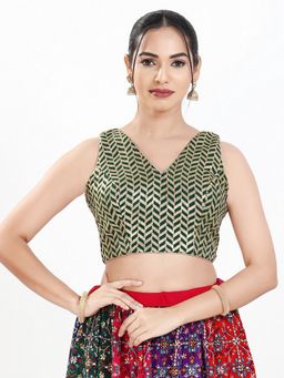 VAMAS - THE DESIGNER BLOUSES - Women Green V-Neck Embroidered Sleeveless Padded Blouse