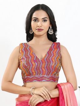 VAMAS - THE DESIGNER BLOUSES - Women Pink V-Neck Embroidered Sleeveless Padded Blouse