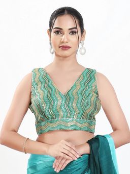VAMAS - THE DESIGNER BLOUSES - Women Green V-Neck Embroidered Sleeveless Padded Blouse