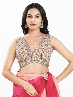 VAMAS - THE DESIGNER BLOUSES - Women Cream V-Neck Embroidered Sleeveless Padded Blouse