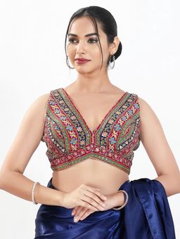 VAMAS - THE DESIGNER BLOUSES - Women Magenta V-Neck Embroidered Sleeveless Padded Blouse