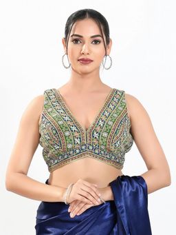 VAMAS - THE DESIGNER BLOUSES - Women Green V-Neck Embroidered Sleeveless Padded Blouse