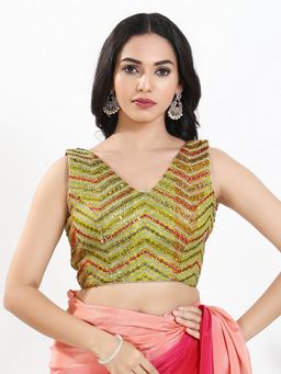 VAMAS - THE DESIGNER BLOUSES - Women Yellow V-Neck Embroidered Sleeveless Padded Blouse