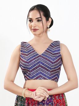 VAMAS - THE DESIGNER BLOUSES - Women Purple V-Neck Embroidered Sleeveless Padded Blouse