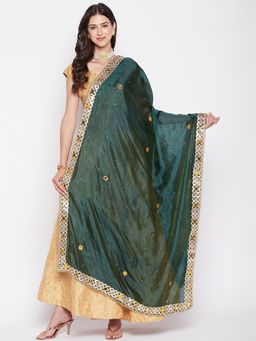 Clora Creation - Bottle Green Blend with Mirror and Gotta Patti Work Dupatta