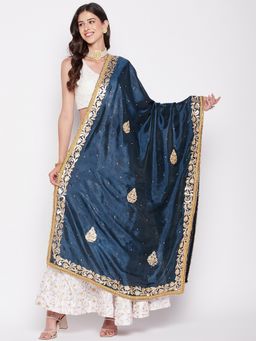 Clora Creation - Women Turquoise Blue Gotta Patti Silk Blend Dupatta