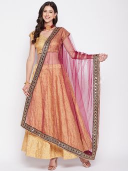 Clora Creation - Women Wine Embellished Net with Sequinned Work Dupatta