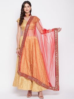 Clora Creation - Women Red Embellished Net with Sequinned Work Dupatta