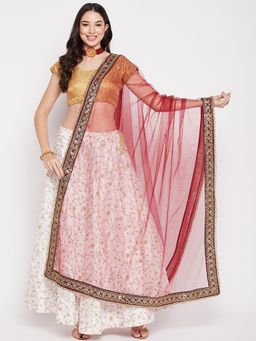 Clora Creation - Women Maroon Embellished Net with Sequinned Work Dupatta