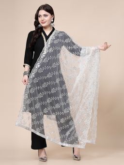 Clora Creation - Silver Sequinned Cut-Work Net Dupatta