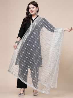 Clora Creation - Silver Embellished Cut-Work Net Dupatta