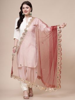 Clora Creation - Maroon Embellished Net with Sequinned Work Dupatta