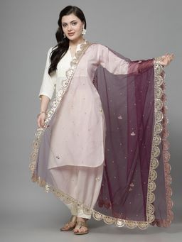 Clora Creation - Wine Embellished Net with Sequinned Work Dupatta