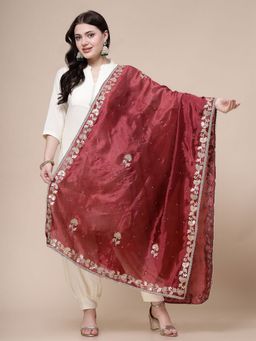Clora Creation - Maroon Silk Blend Embroidered Dupatta