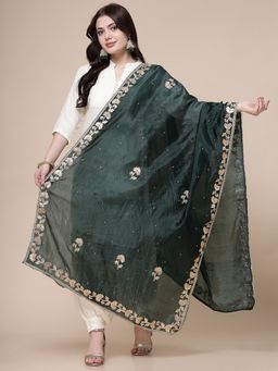 Clora Creation - Bottle Green Silk Blend Embroidered Dupatta