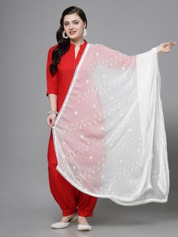 Clora Creation - White Sequinned Work Embroidered Chiffon Dupatta