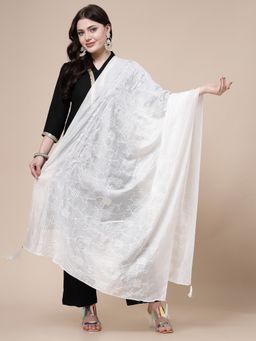 Clora Creation - White Cotton Embroidered Mirror Work Dupatta