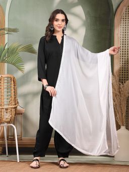 Clora Creation - White Solid Chiffon with Lace Border Dupatta