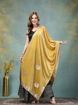 Clora Creation - Yellow Velvet Embellished with Gotta Patti Work Dupatta