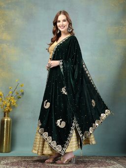 Clora Creation - Women Bottle Green Embellished Velvet with Gotta Patti Work Dupatta