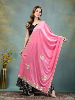 Clora Creation - Women Baby Pink Embellished Velvet with Gotta Patti Work Dupatta