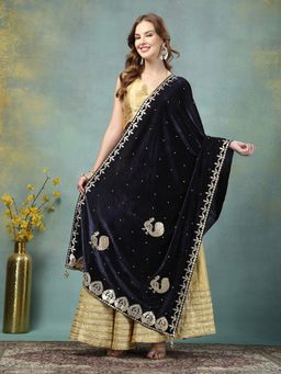 Clora Creation - Navy Blue Velvet with Gotta Patti Work Dupatta