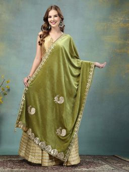 Clora Creation - Mehandi Green Embellished Velvet with Gotta Patti Work Dupatta