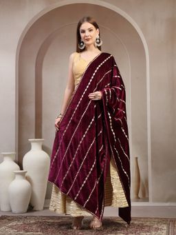 Clora Creation - Wine Embellished Velvet with Gotta Patti Work Dupatta