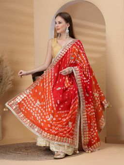 Clora Creation - Red Tie and Dye Bandhani Printed Embellished Dupatta