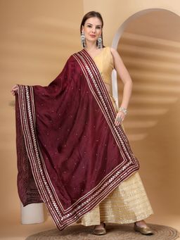 Clora Creation - Wine Embellished Silk Blend Gotta Patti Dupatta