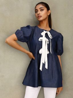 Dora Dori - Blue Round Neck Solid Half Sleeves Top