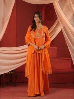 GULABI DORI - Women Orange Embroidered Kurti with Skirt and Dupatta
