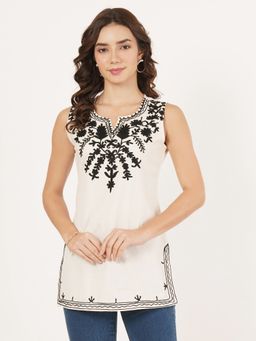 Brownverse - Women Off White Round Neck Embroidered Sleeveless Top
