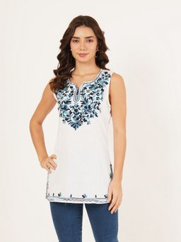 Brownverse - Round Neck Off White Embroidered Sleeveless Top