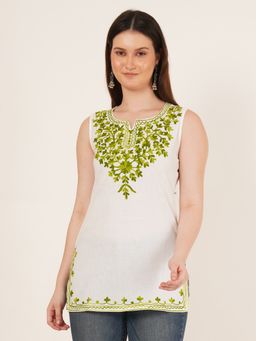 Brownverse - Off White Round Neck Embroidered Sleeveless Top
