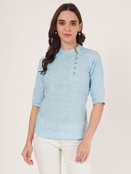 Brownverse - Aqua Mandarin Neck Solid Three Fourth Sleeves Top