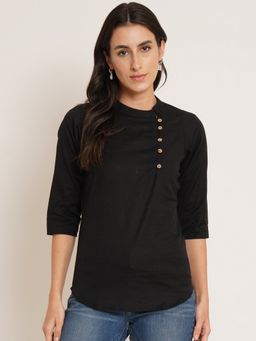 Brownverse - Women Black Mandarin Neck Solid Three Fourth Sleeves Top