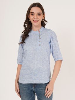 Brownverse - Blue Mandarin Neck Solid Three Fourth Sleeves Top