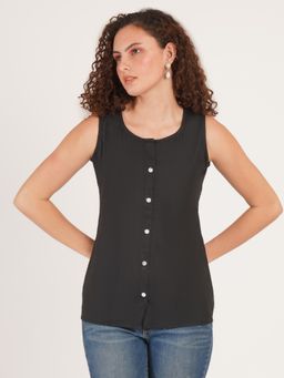 Brownverse - Black Mandarin Neck Solid Three Fourth Sleeves Top