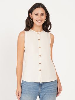 Brownverse - Off White Crew Neck Solid Sleeveless Top