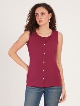Brownverse - Wine Mandarin Neck Solid Three Fourth Sleeves Top