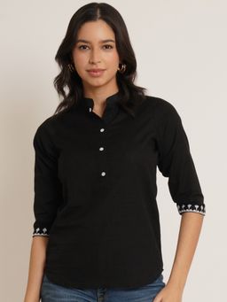 Brownverse - Women Black Mandarin Neck Solid Three Fourth Sleeves Top